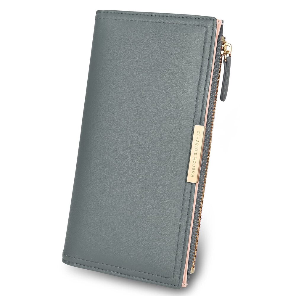6455 Blue Wallet , Leather Wallet with Zipper Magnetic Closure Double Fold